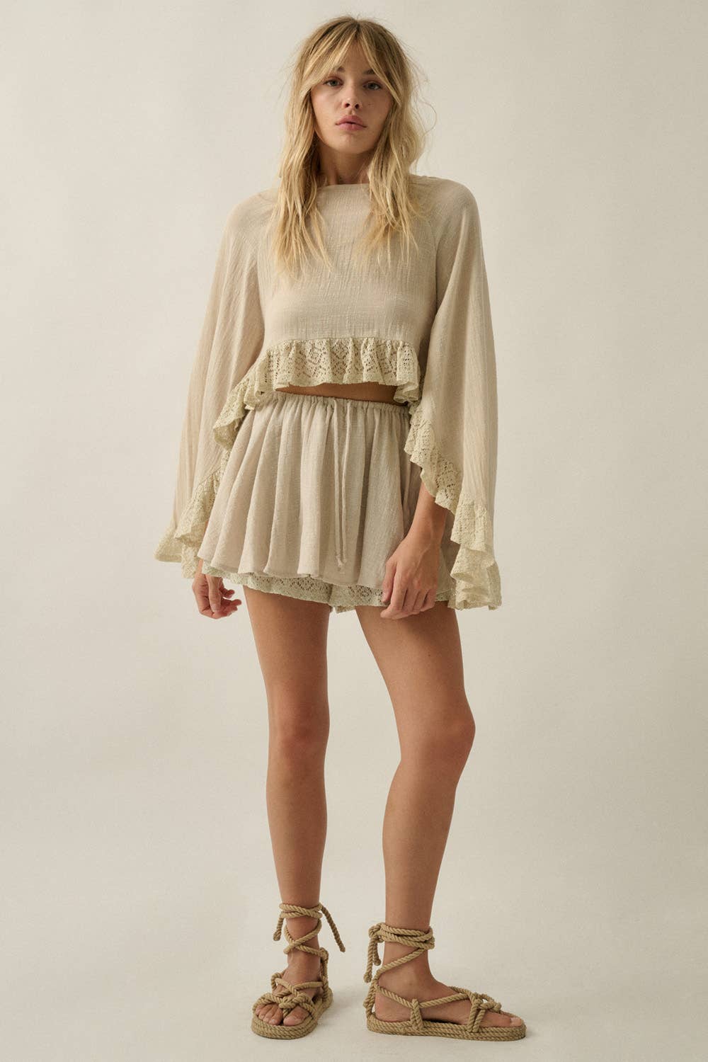 Boho Crochet Lace Ruffle Bell-Sleeve Cropped Top