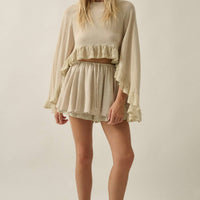 Boho Crochet Lace Ruffle Bell-Sleeve Cropped Top