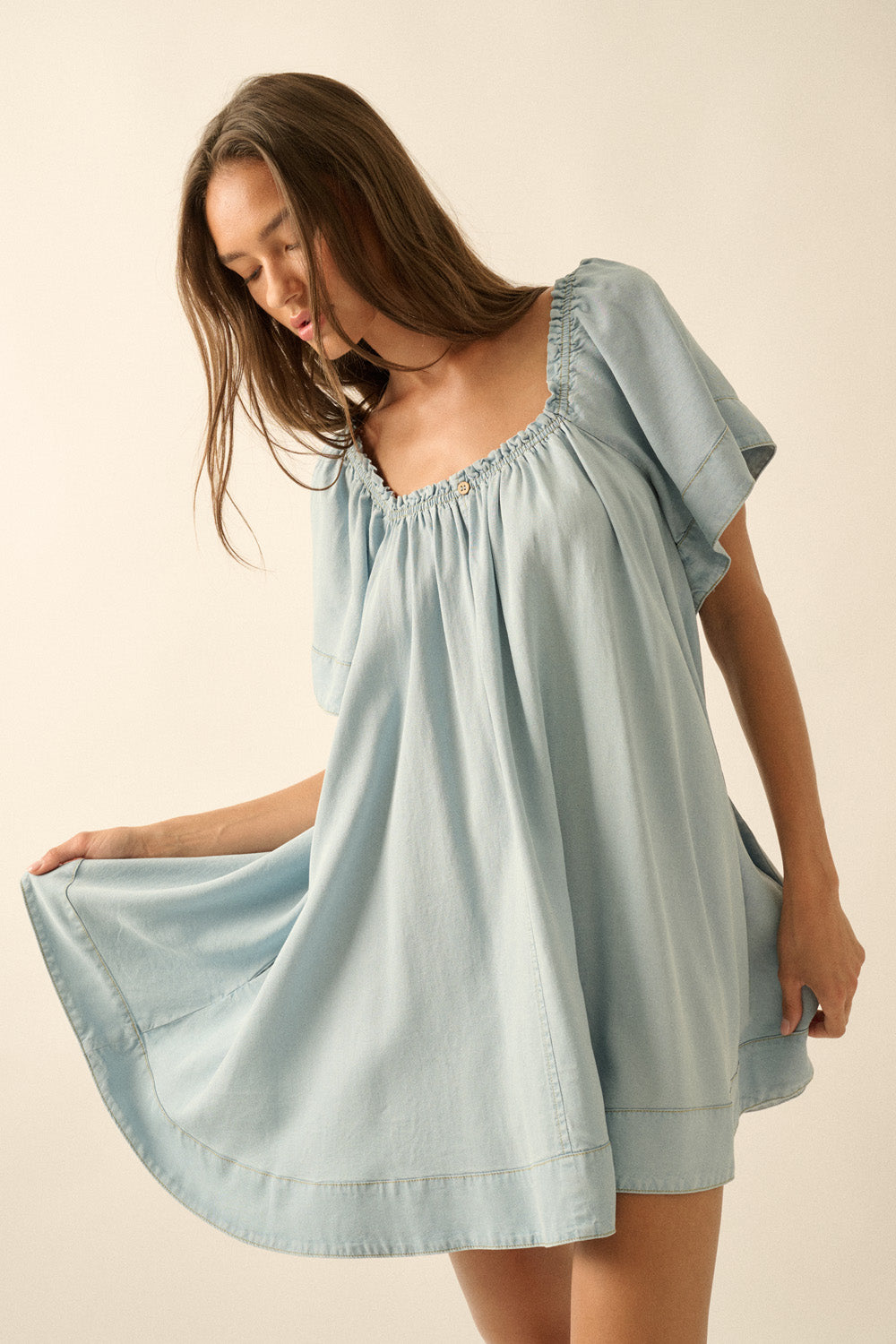 Light Tencel Dnim Flowy Babydoll Mini Dress