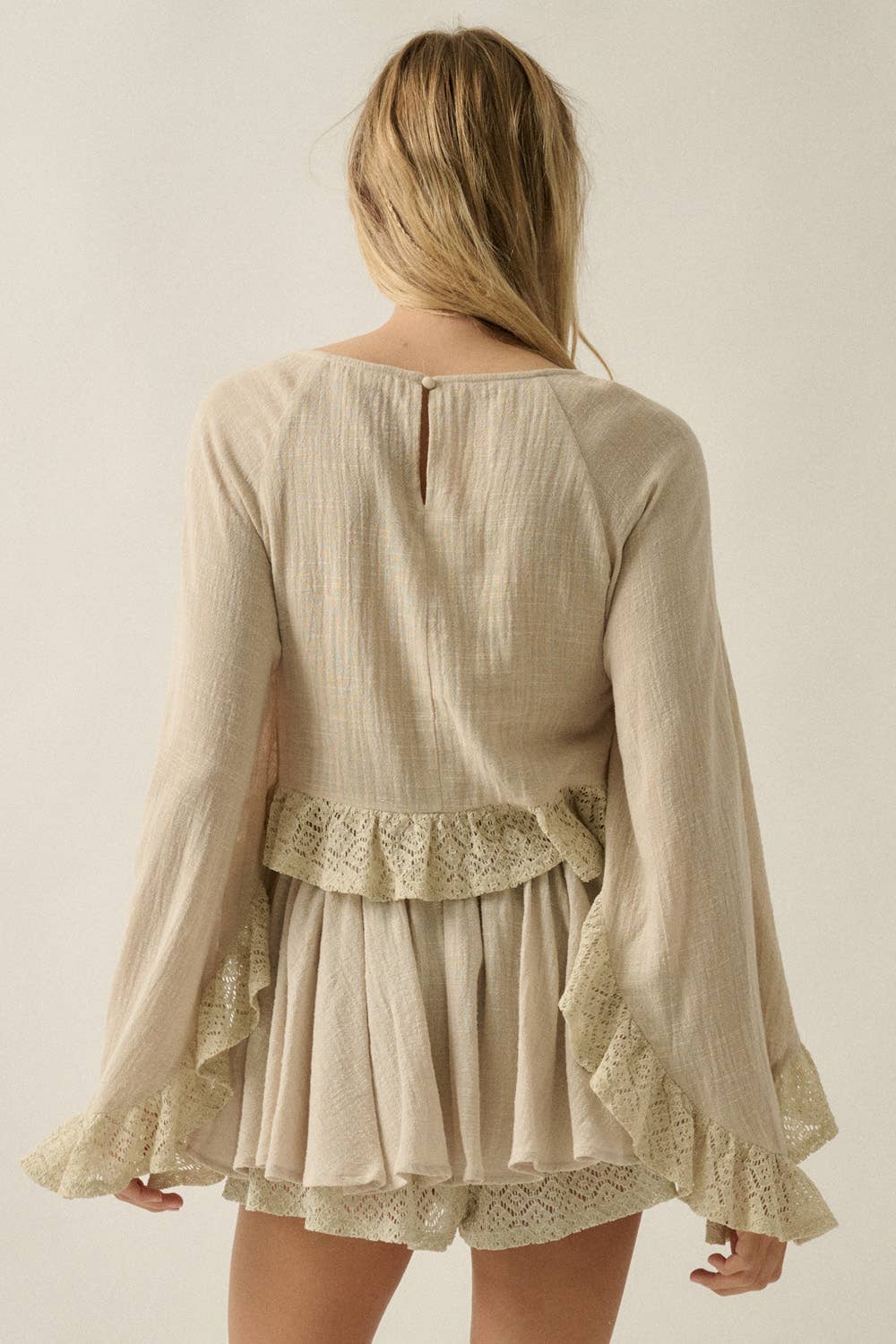 Boho Crochet Lace Ruffle Bell-Sleeve Cropped Top