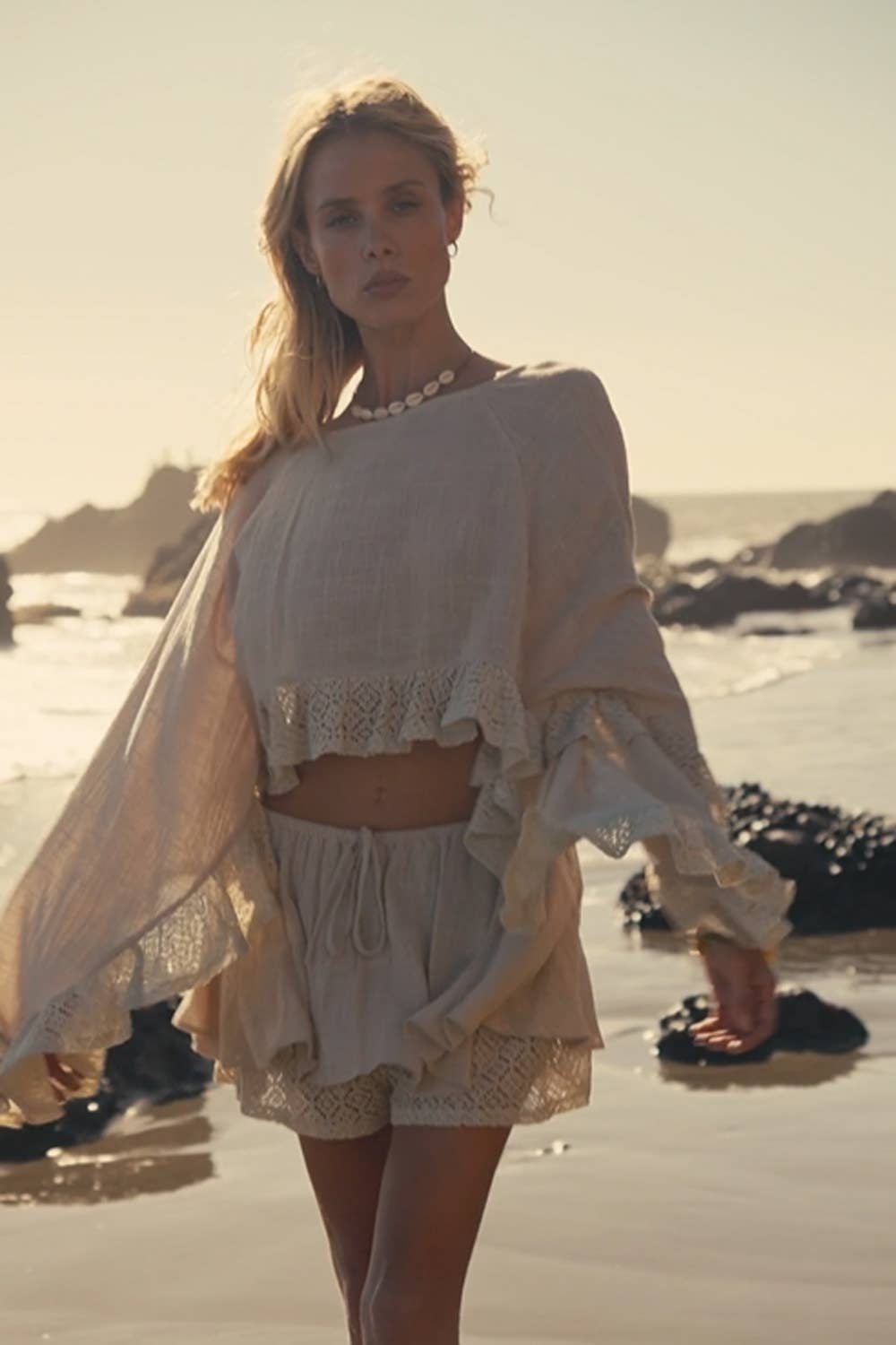Boho Crochet Lace Ruffle Bell-Sleeve Cropped Top