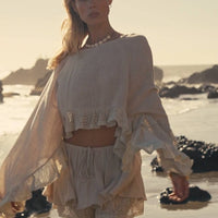 Boho Crochet Lace Ruffle Bell-Sleeve Cropped Top