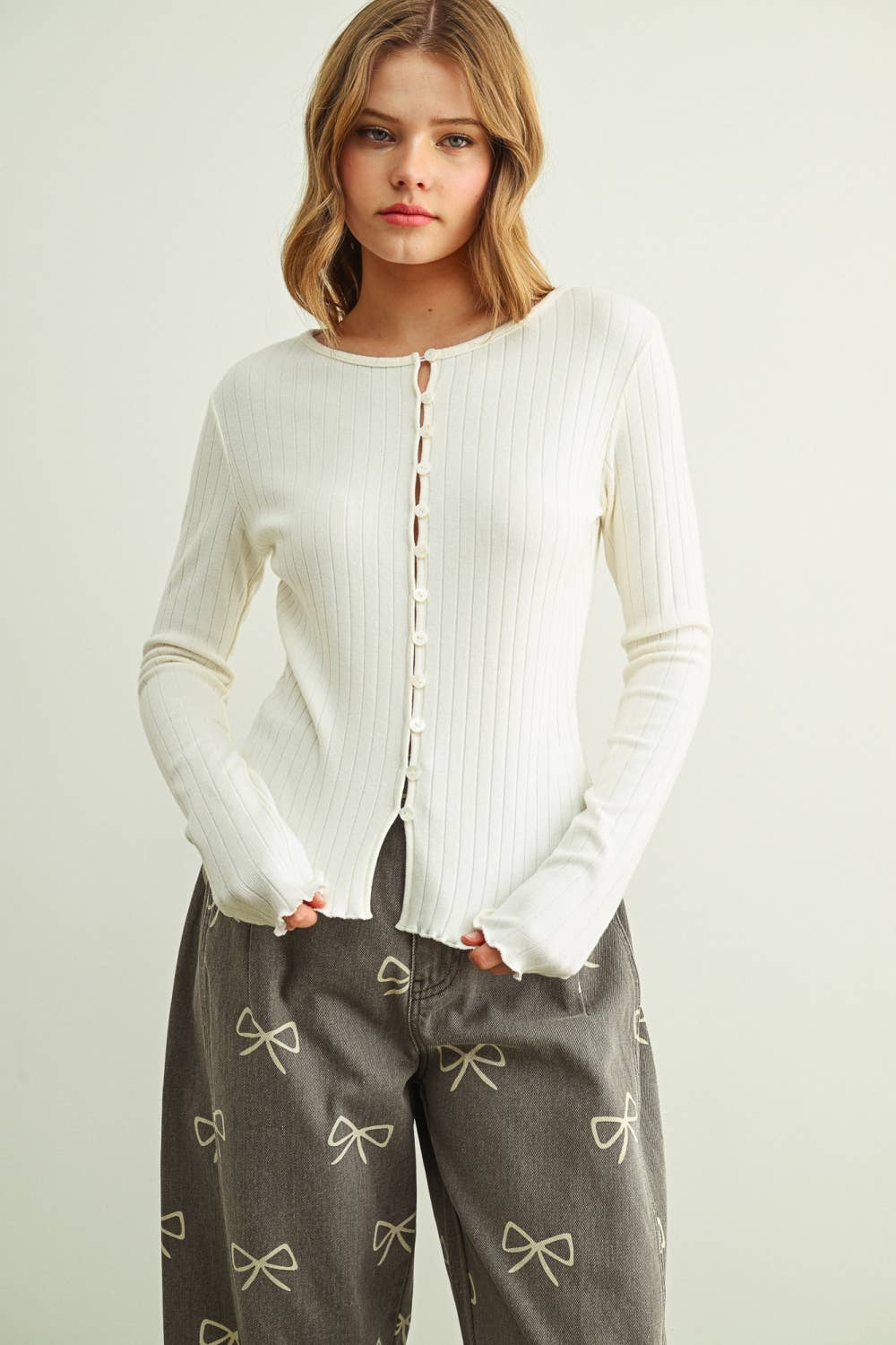 Ribbed Button Front Knit Cardigan Top