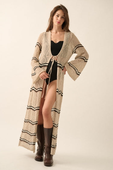 Boho Striped Crochet Long Cardigan Kimono