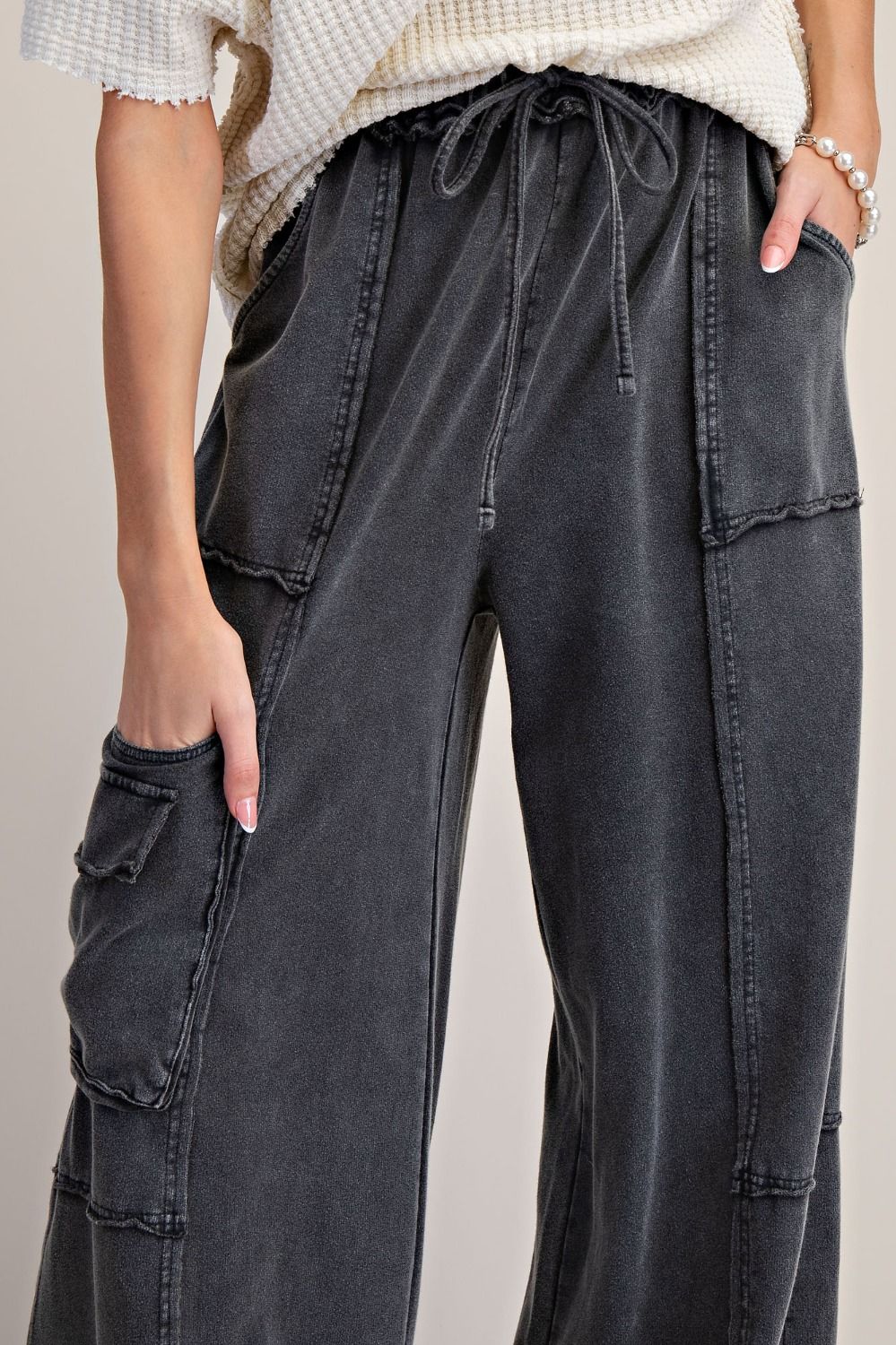 Mineral Washed Wide Leg Pants with Side Pocket
