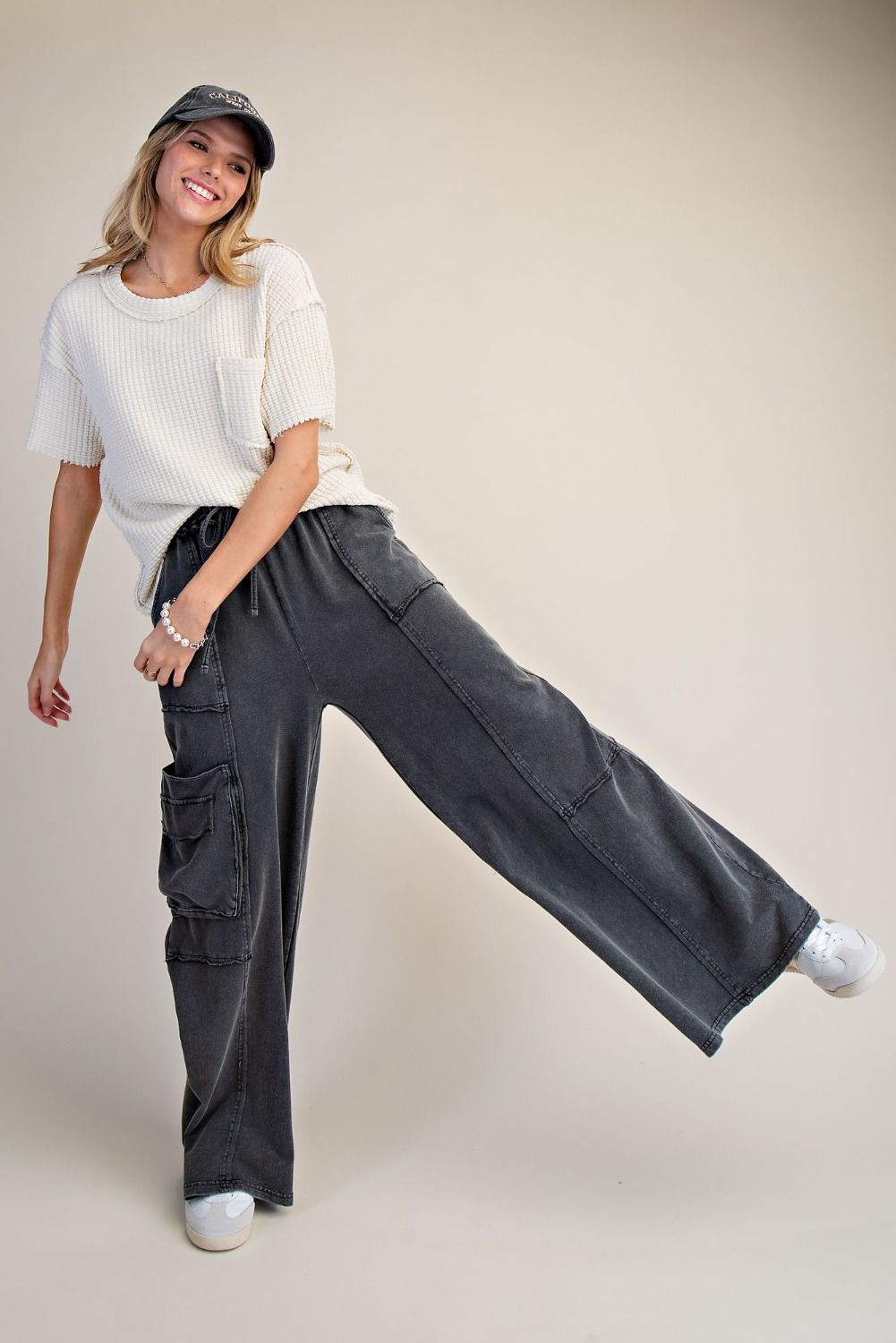 Mineral Washed Wide Leg Pants with Side Pocket