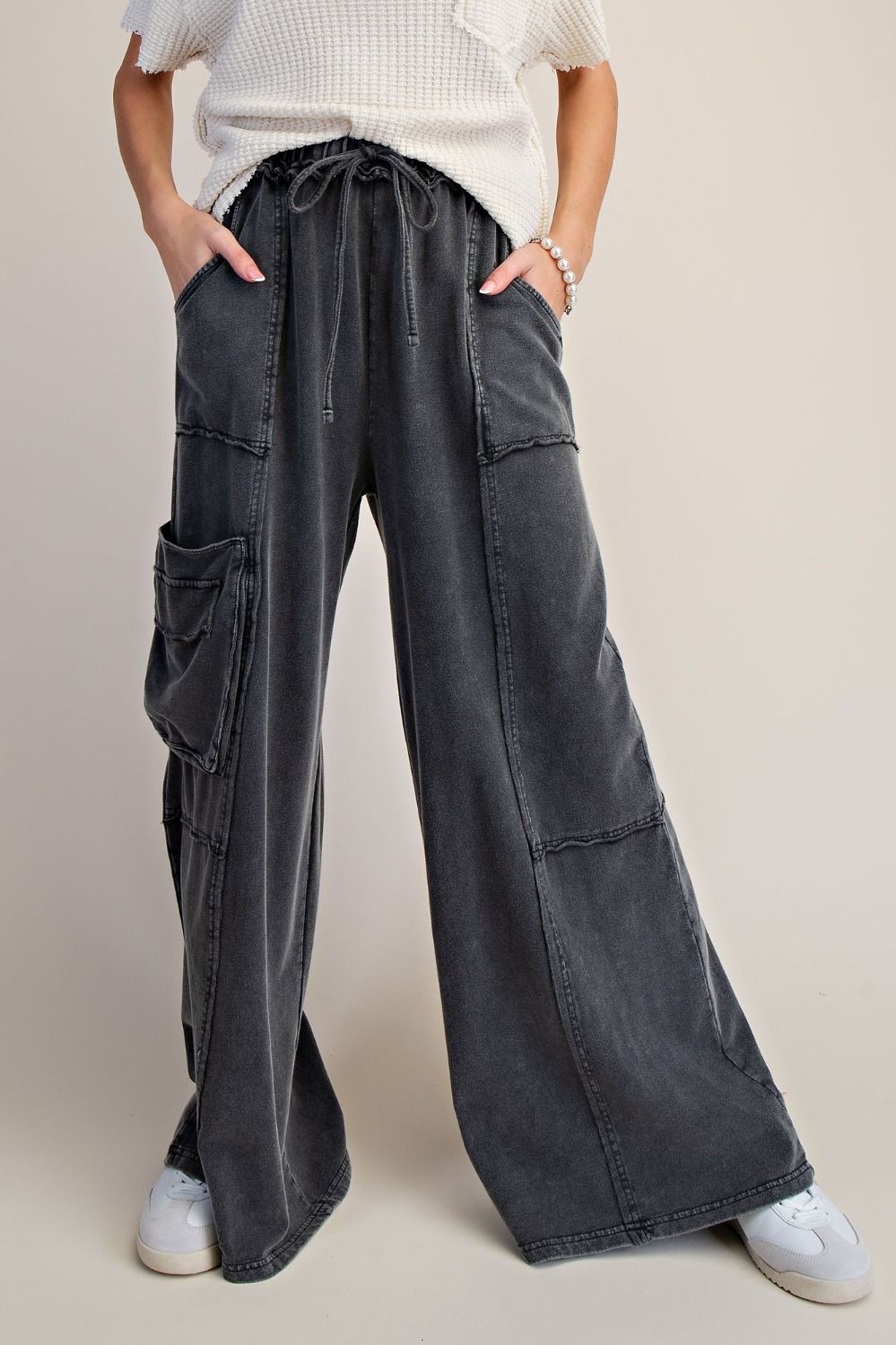 Mineral Washed Wide Leg Pants with Side Pocket