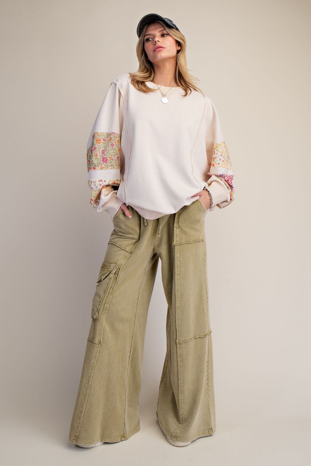 Mineral Washed Wide Leg Pants with Side Pocket