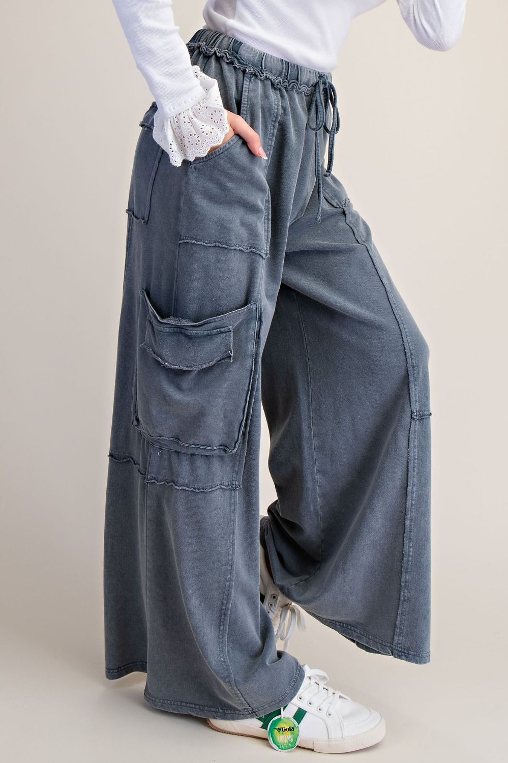 Mineral Washed Wide Leg Pants with Side Pocket
