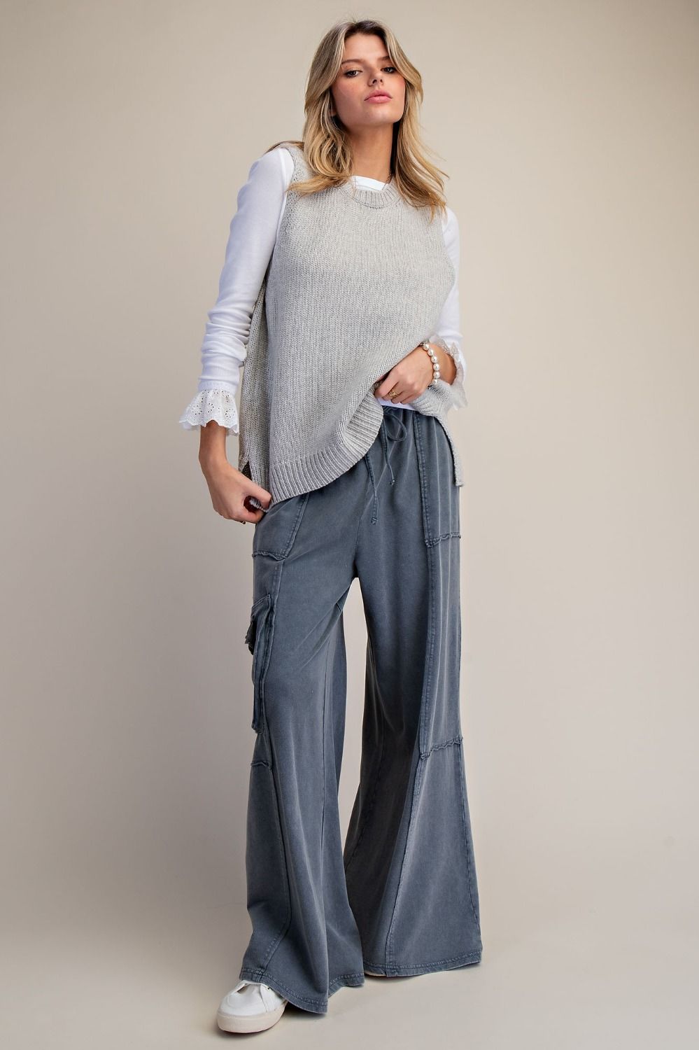 Mineral Washed Wide Leg Pants with Side Pocket