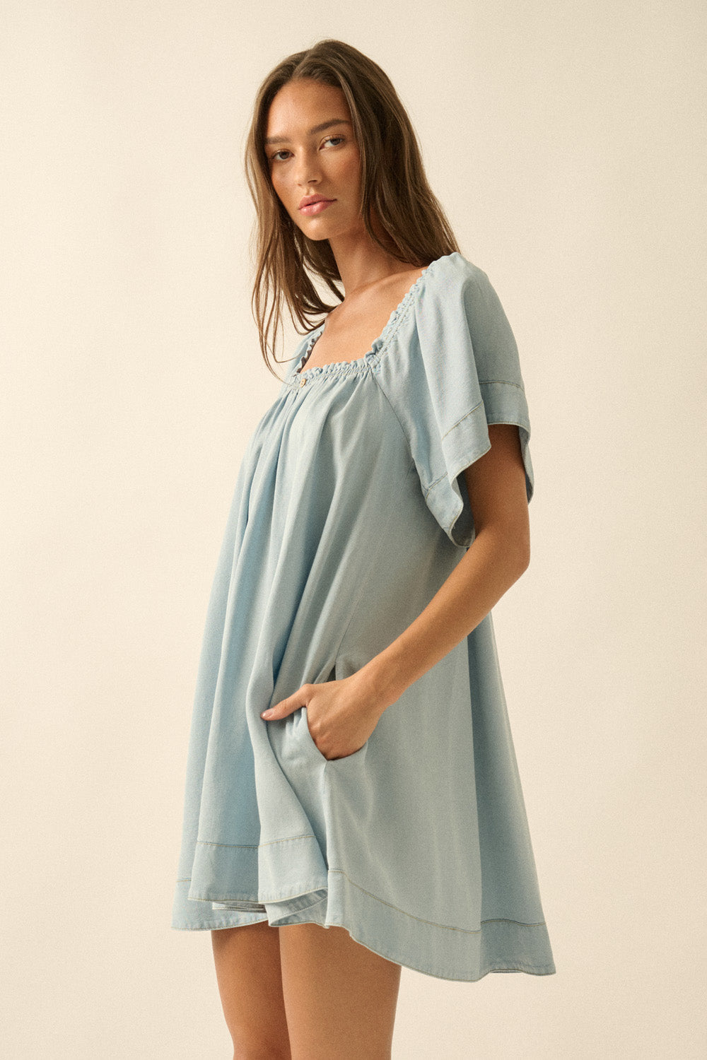 Light Tencel Dnim Flowy Babydoll Mini Dress