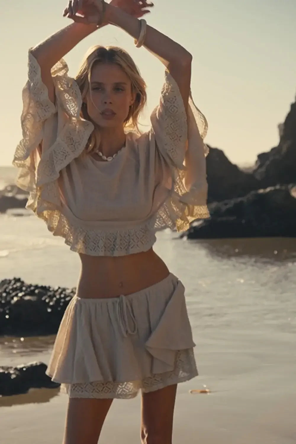 Boho Lace Trim Crop Top & Flowy Mini Skirt Set