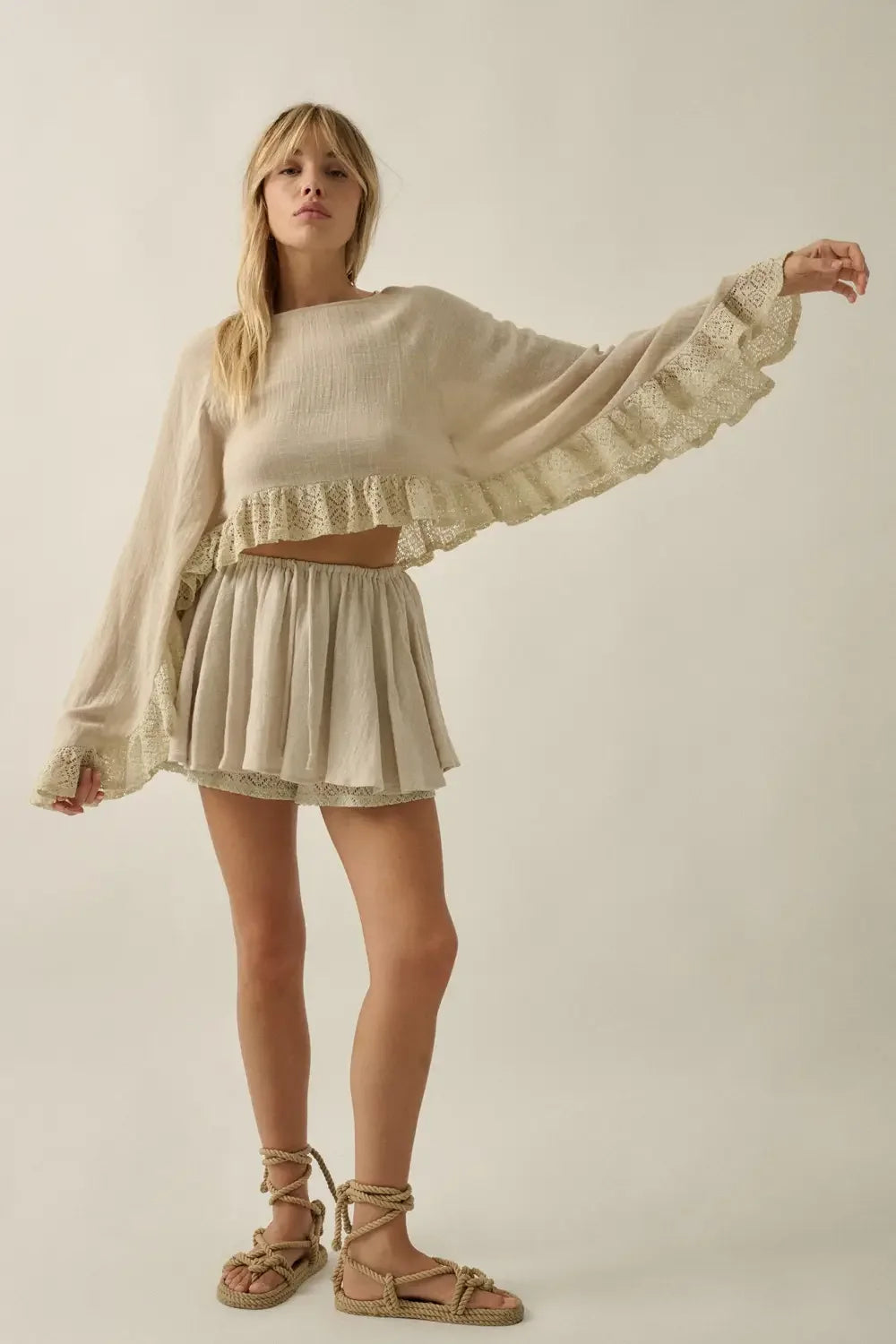 Boho Lace Trim Crop Top & Flowy Mini Skirt Set