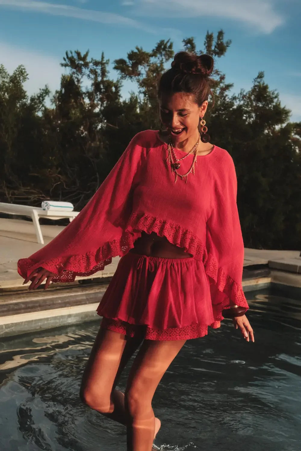 Boho Lace Trim Crop Top & Flowy Mini Skirt Set