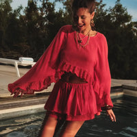 Boho Lace Trim Crop Top & Flowy Mini Skirt Set