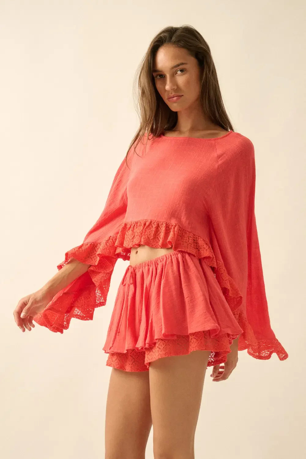 Boho Lace Trim Crop Top & Flowy Mini Skirt Set