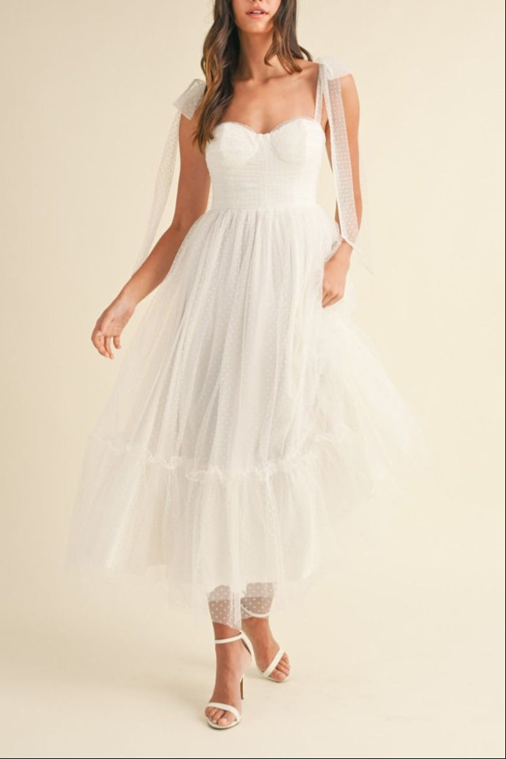 Polka Dot Mesh Tie Shoulder Midi Dress