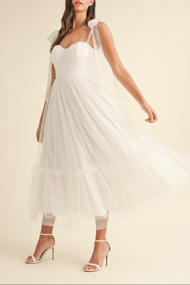 Polka Dot Mesh Tie Shoulder Midi Dress